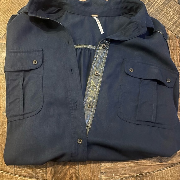 Free People Midnight Blue Shirt with Metallic Details in size Large - Picture 8 of 13